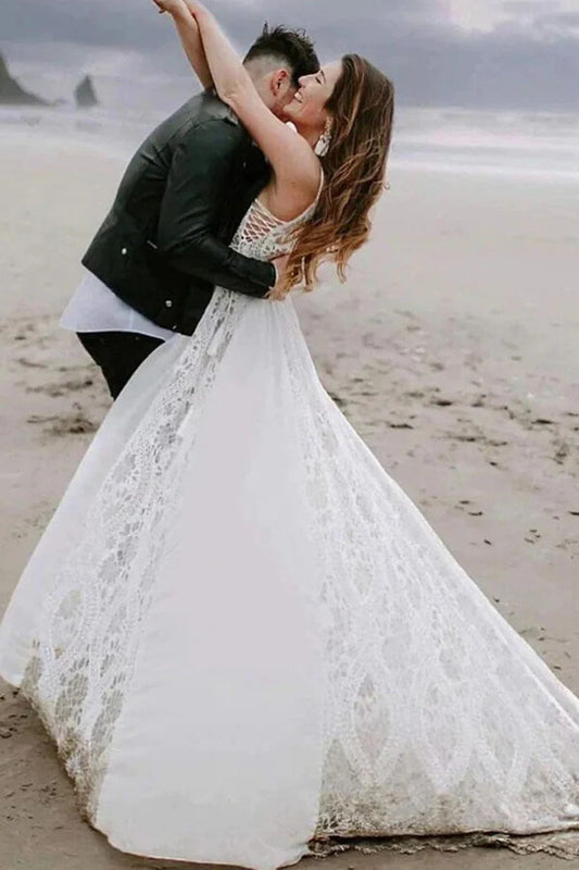 Bohemian A-line V-neck Lace Wedding Dresses, Beach Wedding Gowns, MW801 | cheap lace wedding dresses | beach wedding dresses | a line wedding dresses | musebridals.com