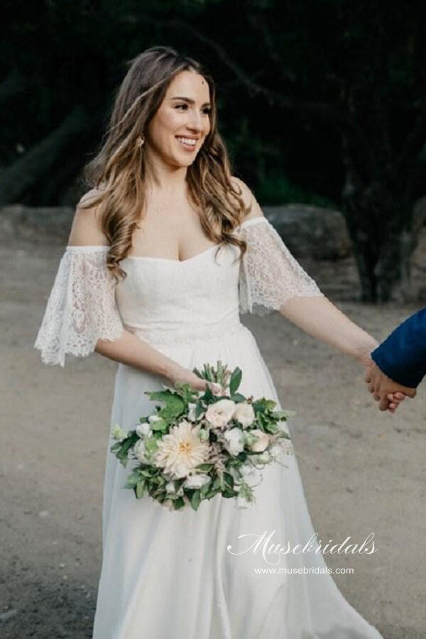 Bohemian Chiffon Lace Off-the-Shoulder A-line Beach Wedding Dresses, MW647 | beach wedding dress | cheap lace wedding dresses | bridal gown | www.musebridals.com