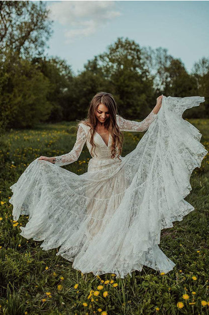 Bohemian Lace A-line V-neck Long Sleeves Wedding Dresses, Bridal Dress, MW608 | wedding dresses online | cheap lace wedding dresses | bridal gowns | www.musebridals.com