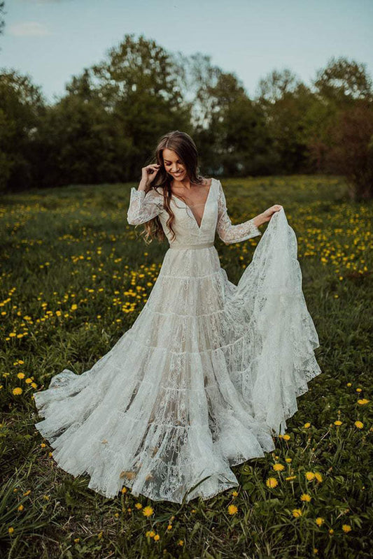 Bohemian Lace A-line V-neck Long Sleeves Wedding Dresses, Bridal Dress, MW608 | a line lace wedding dresses | beach wedding dresses | wedding gowns | www.musebridals.com