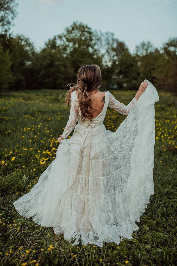 Bohemian Lace A-line V-neck Long Sleeves Wedding Dresses, Bridal Dress, MW608 | cheap lace wedding dresses | wedding dresses near me | bridal outfit | www.musebridals.com