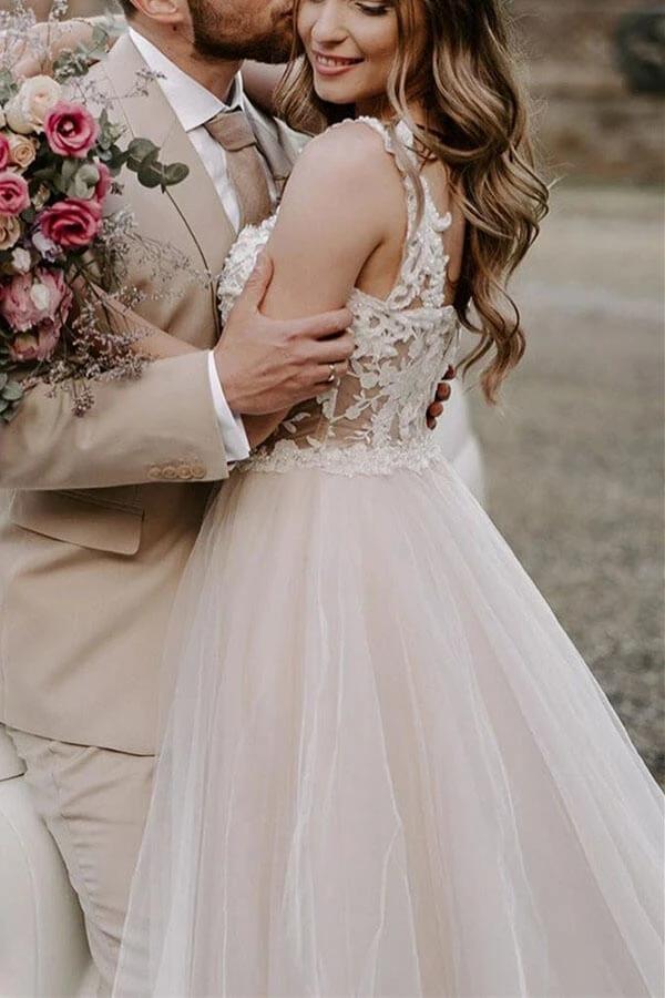 Bohemian Tulle Lace A-line Off-the-Shoulder Beach Wedding Dresses, MW561 | beach wedding dresses online | cheap lace wedding dresses | wedding gowns | www.musebridals.com