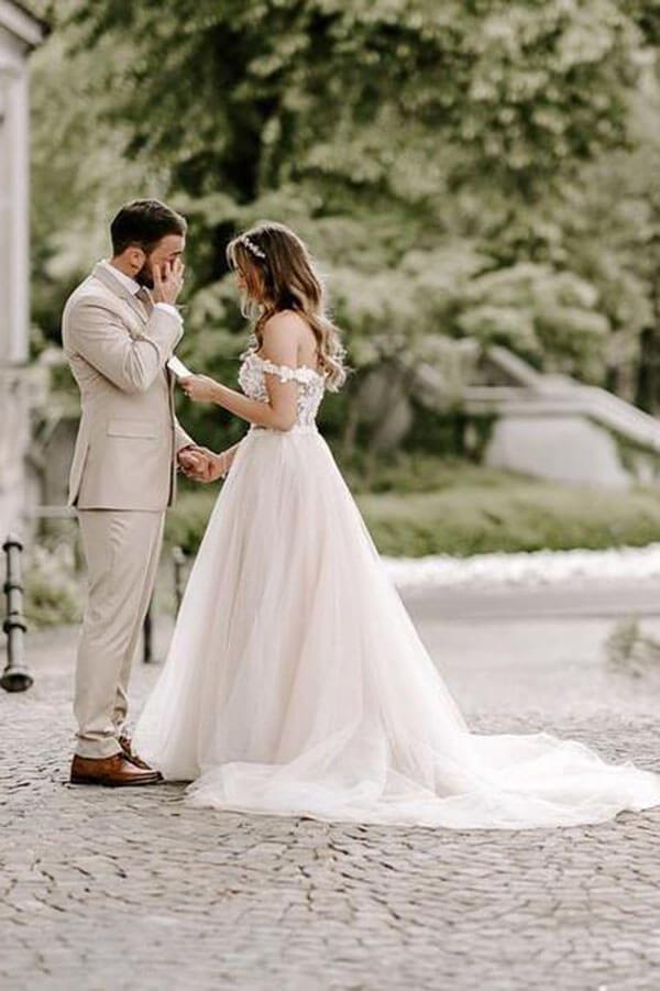 Bohemian Tulle Lace A-line Off-the-Shoulder Beach Wedding Dresses, MW561 | boho wedding dresses | cheap lace wedding dresses | beach wedding dresses | wedding gowns | www.musebridals.com