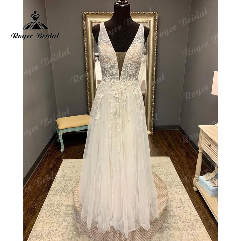 Roycebridal Boho Beach Sleeveless Deep V Neck Wedding Dress Lace Appliques Backless Floor Length Tulle 2025 Vestidos Robe Civil Bridal Gown