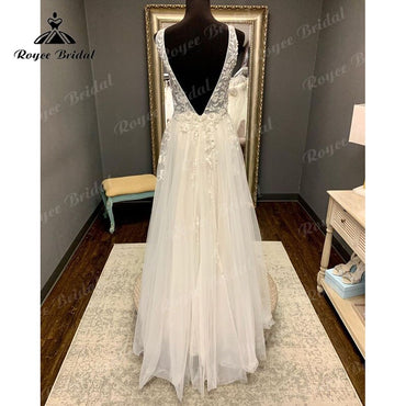 Roycebridal Boho Beach Sleeveless Deep V Neck Wedding Dress Lace Appliques Backless Floor Length Tulle 2025 Vestidos Robe Civil Bridal Gown