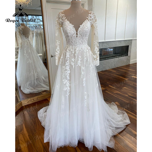 Roycebridal Boho Long Sleeve Lace Applqiues V Neck Open Back Wedding Dress for Women Sweep Train 2025 Vestidos Fiesta Robe Civil Bridal Gown