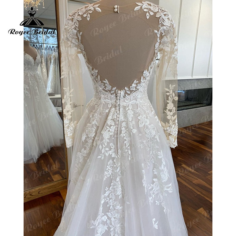 Roycebridal Boho Long Sleeve Lace Applqiues V Neck Open Back Wedding Dress for Women Sweep Train 2025 Vestidos Fiesta Robe Civil Bridal Gown