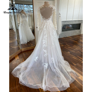 Roycebridal Boho Long Sleeve Lace Applqiues V Neck Open Back Wedding Dress for Women Sweep Train 2025 Vestidos Fiesta Robe Civil Bridal Gown