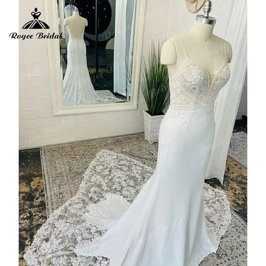 Roycebridal BRIDE,BRIDE EXPLORE All Wedding Dresses,BRIDE EXPLORE Custom Wedding Dresses 👗,BRIDE EXPLORE Plus SizeBoho Spaghetti Straps Backless Mermaid/Trumpet Cut-out Wedding Dress with V Neck Soft Satin 2025 Beach robe soirée mariage Sexy