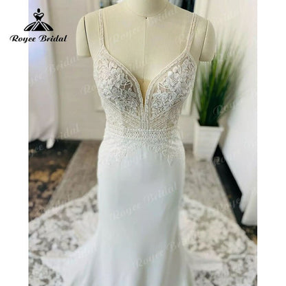 Roycebridal BRIDE,BRIDE EXPLORE All Wedding Dresses,BRIDE EXPLORE Custom Wedding Dresses 👗,BRIDE EXPLORE Plus SizeBoho Spaghetti Straps Backless Mermaid/Trumpet Cut-out Wedding Dress with V Neck Soft Satin 2025 Beach robe soirée mariage Sexy