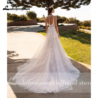 Roycebridal Boho Wedding Dress with slit Sexy Lace Appliques Backlesss Beach Bridals Dress Wedding Gowns Custom made vestido de novia