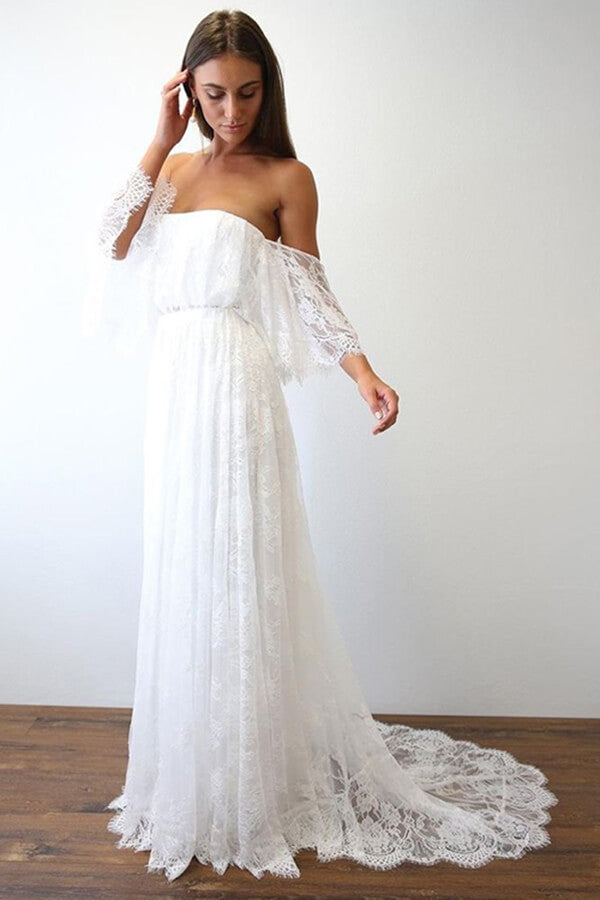 Boho Lace A-line Half Sleeves Off-the-Shoulder Beach Wedding Dresses, MW630 | off the shoulder wedding dress | bridal outfit | wedding dresses near me | www.musebridals.com