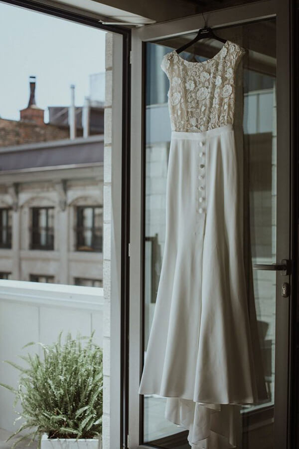 Boho Lace Sheath Bateau Cap Sleeves Wedding Dresses, Bridal Gown, MW646 | satin lace wedding dress | bridal gowns | ivory lace wedding dress | www.musebridals.com