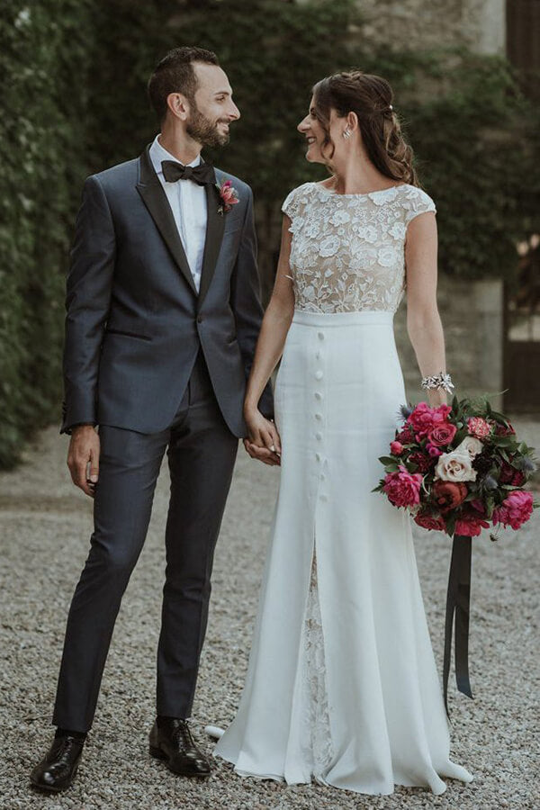 Boho Lace Sheath Bateau Cap Sleeves Wedding Dresses, Bridal Gown, MW646 | satin wedding dresses | cheap lace wedding dress | bridal gowns | www.musebridals.com