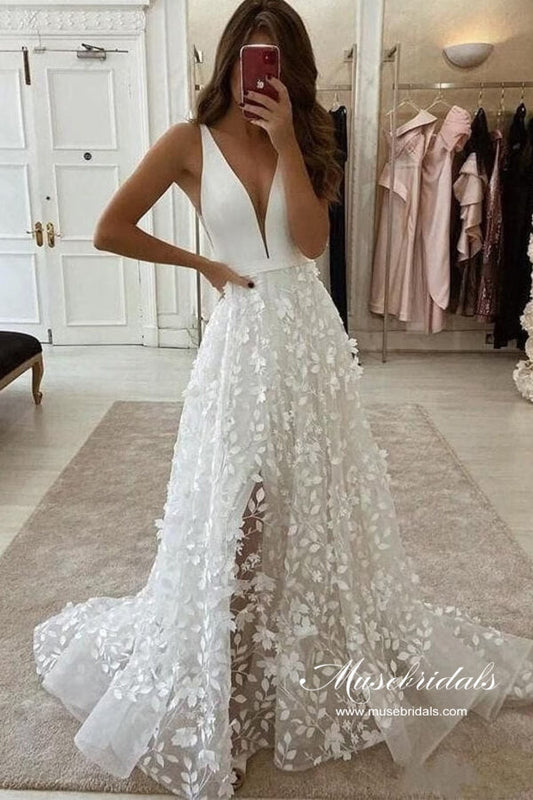 Boho Satin A-line V-neck 3D Flowers Wedding Dresses With High Slit, MW961 | lace wedding dresses | cheap wedding dress | wedding gown | musebridals.com