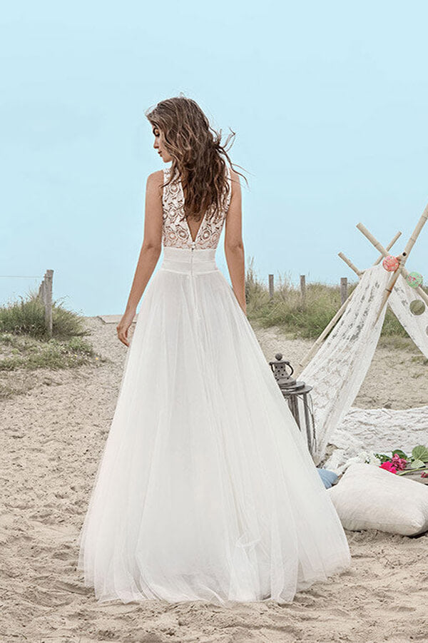 Boho Tulle Lace A-line V-neck Floor Length Beach Wedding Dresses, MW673 | lace wedding gown | beach wedding dress | cheap wedding dresses online | www.musebridals.com