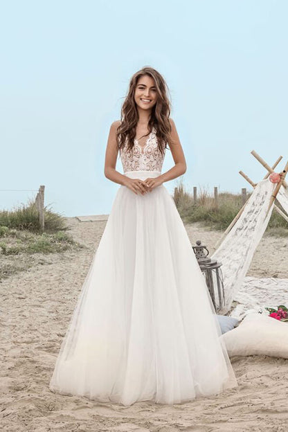 Boho Tulle Lace A-line V-neck Floor Length Beach Wedding Dresses, MW673 | cheap lace wedding dresses | a line wedding dress | bridal outfit | www.musebridals.com