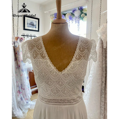 Brautkleid Bohemian Lace Bodice Chiffon V Neck Wedding Gown for Bride 2024 Boho Wedding Dress with Short Sleeve suknia slubna