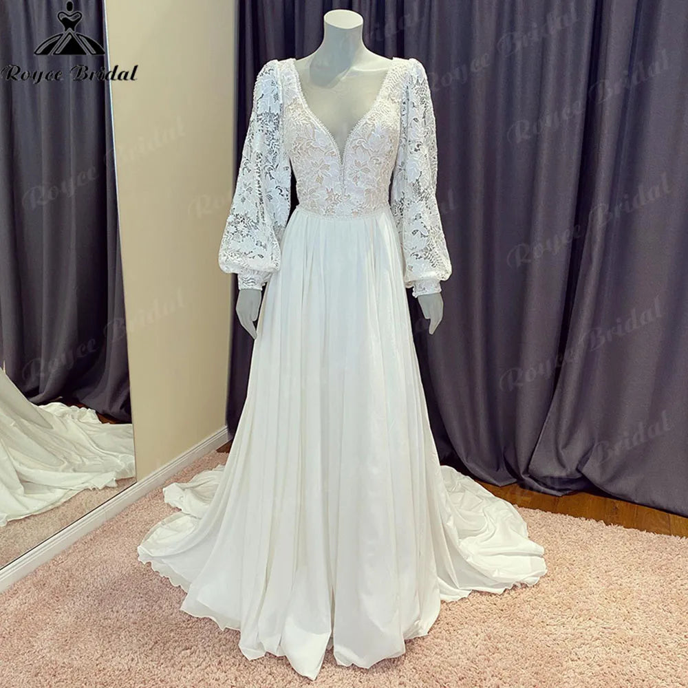 Roycebridal Brautkleid Civil Bohemia Lace Bodice Chiffon Puff Long Sleeve Wedding Dress with V Neck 2024 Backless Beach Bridal Gown Women