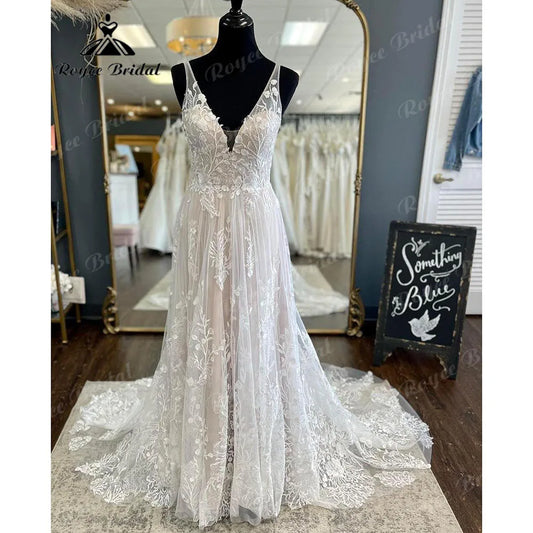 Brautkleid Civil Lace Floral Tank V Neck Blush Pink Boho Women Wedding Dress 2024 Bridal Gown Backless vestido de noiva Elegant