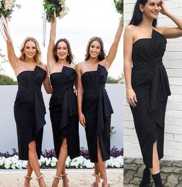 Simple Tea Length Black Bridesmaid Dresses Sleeveless