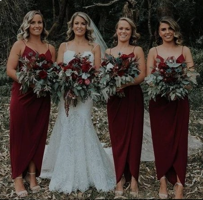 Simple Chiffon V Neck Spaghetti Strap Burgundy Bridesmaid Dresses