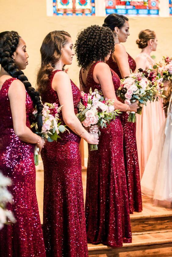 Burgundy Sequin Cheap Bridesmaid Dresses Fall V Neck Sleeveless