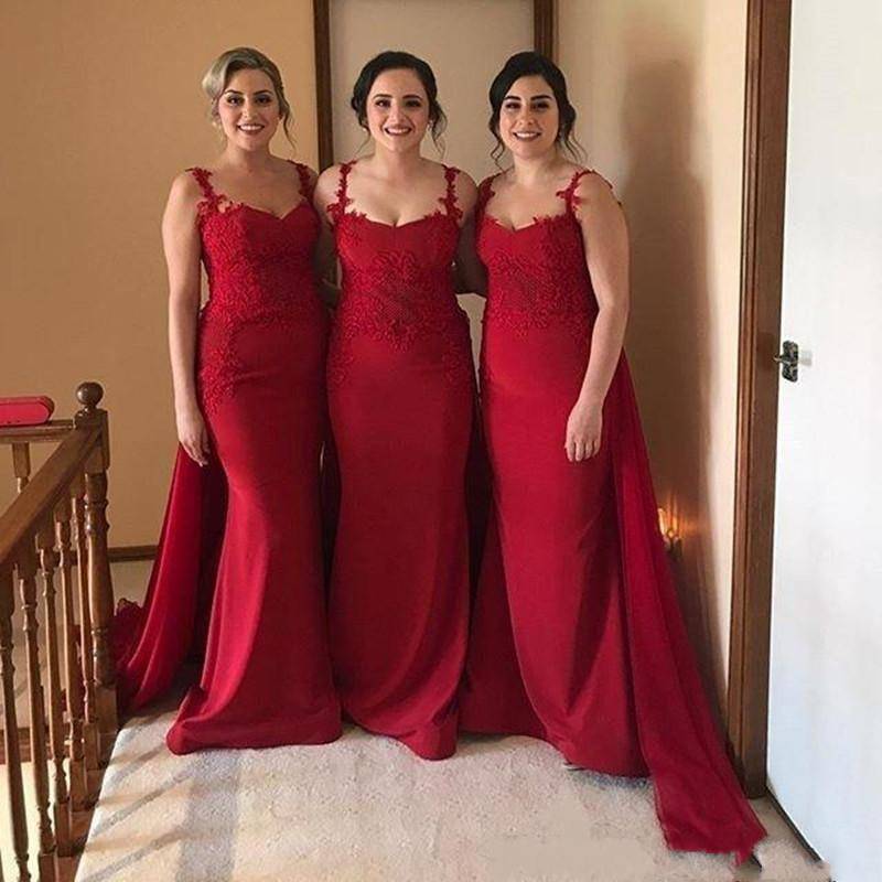 Spaghetti Straps Lace Burgundy Bridesmaid Dresses with Train