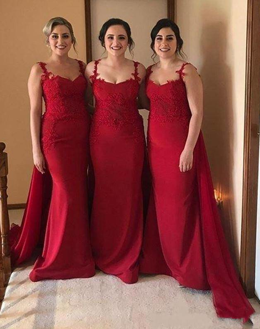 Spaghetti Straps Lace Burgundy Bridesmaid Dresses with Train