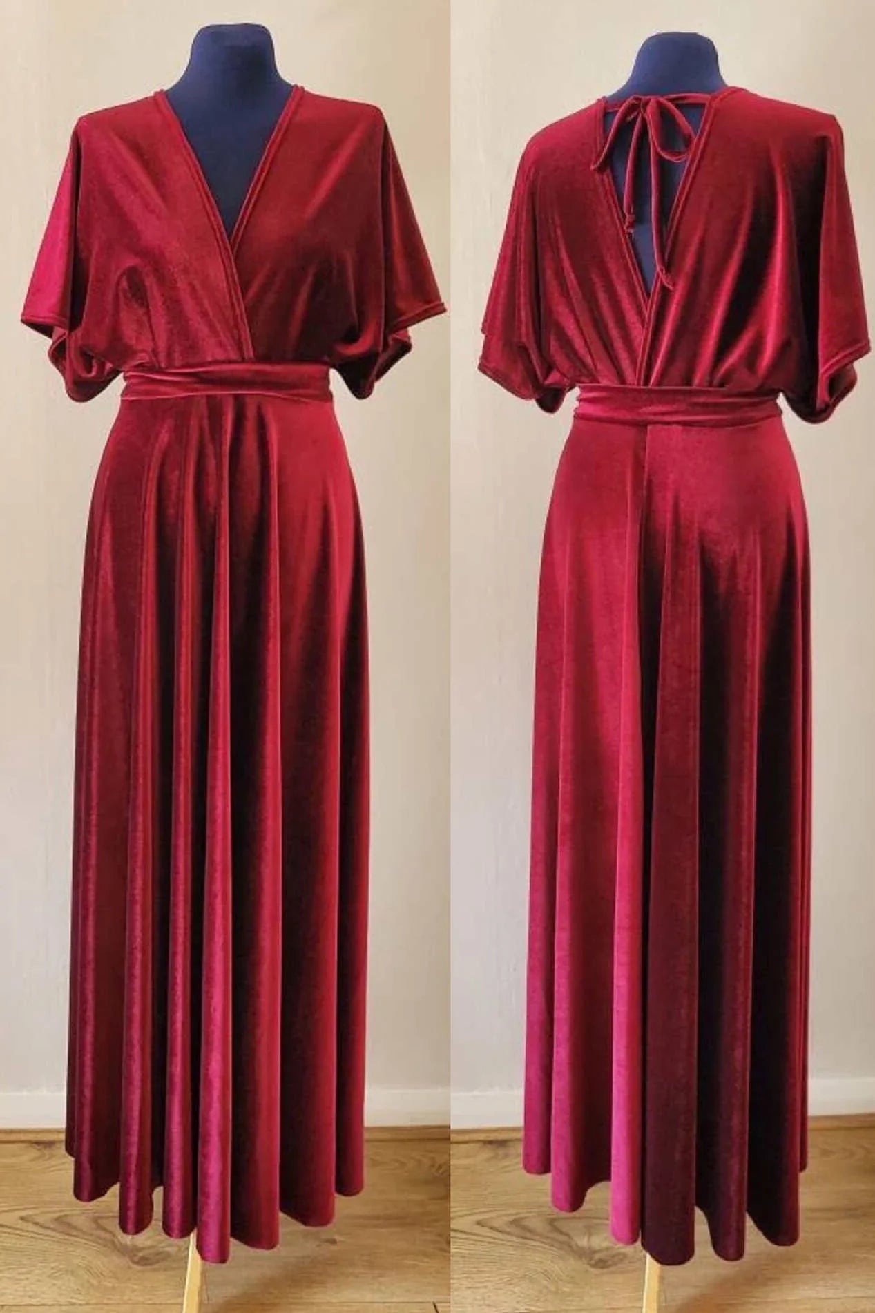 Roycebridal Burgundy Velvet Winter Formal Dresses V-Neck Long Bridesmaid Dress