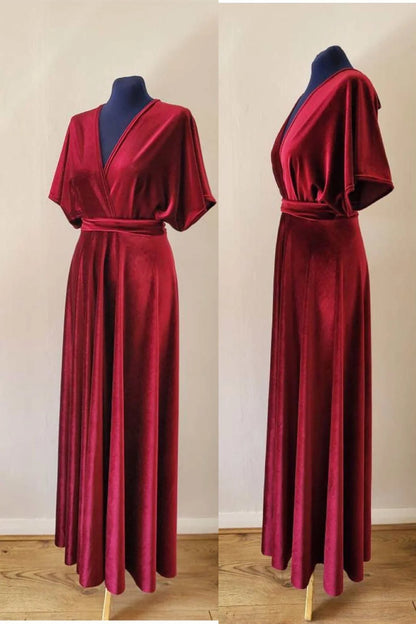 Roycebridal Burgundy Velvet Winter Formal Dresses V-Neck Long Bridesmaid Dress