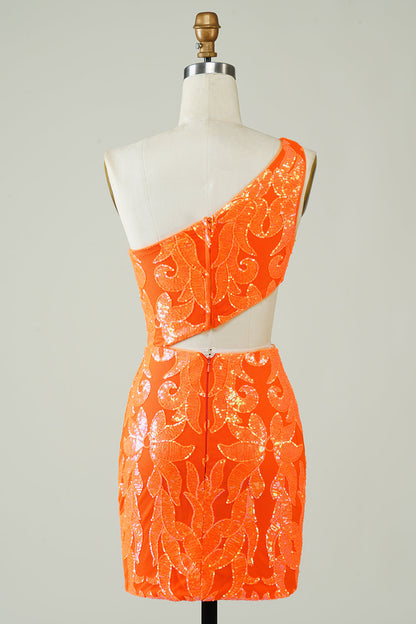 Orange One Shoulder Glitter Homecoming Dress with Hollow-out