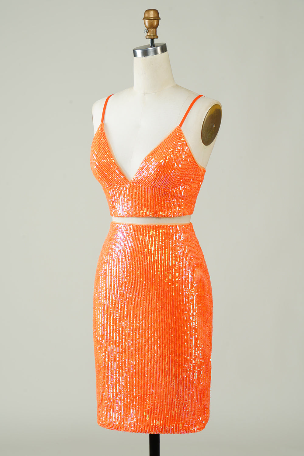 Two Piece Orange Sequins Tight Homecoming Dress