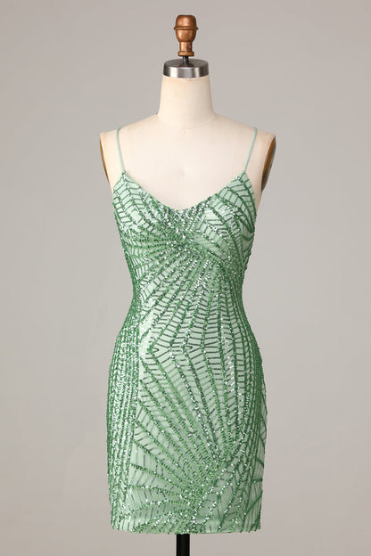 Stylish Green Sheath Sequins Short Homecoming Dress with Criss Cross Back