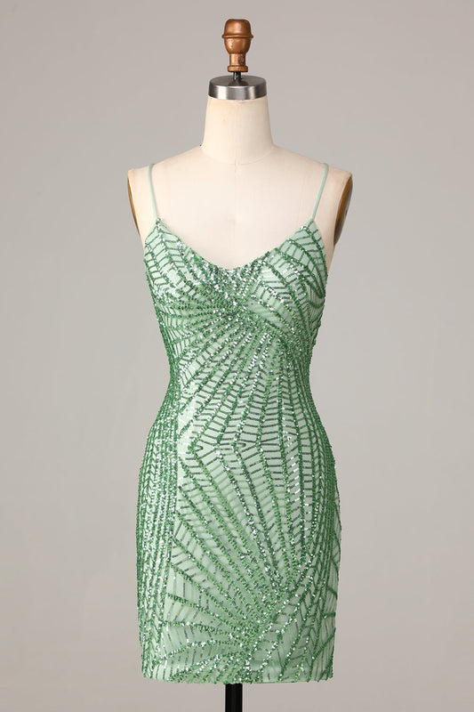 Stylish Green Sheath Sequins Short Homecoming Dress with Criss Cross Back