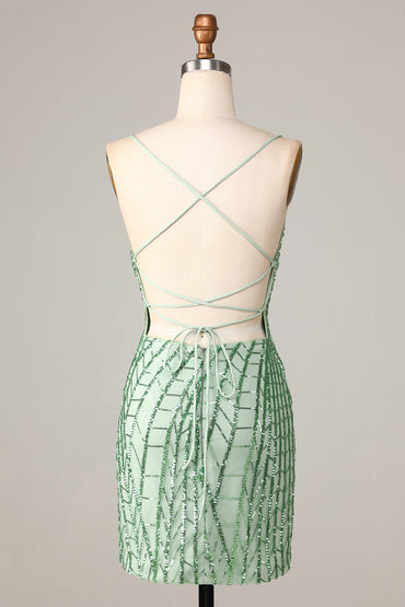 Stylish Green Sheath Sequins Short Homecoming Dress with Criss Cross Back