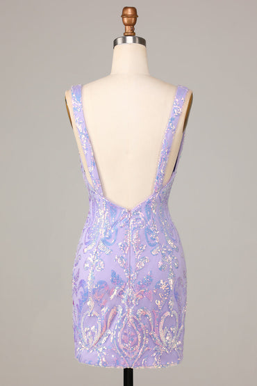 Chic Lilac Bodycon V Neck Sparkly Sequins Short Homecoming Dress