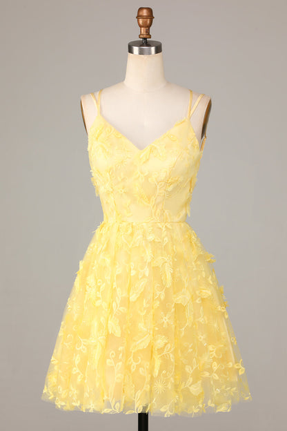 Yellow A-Line Spaghetti Straps Short Homecoming Dress with Appliques