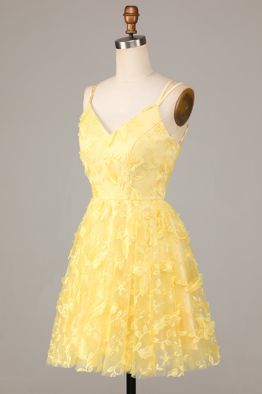 Yellow A-Line Spaghetti Straps Short Homecoming Dress with Appliques