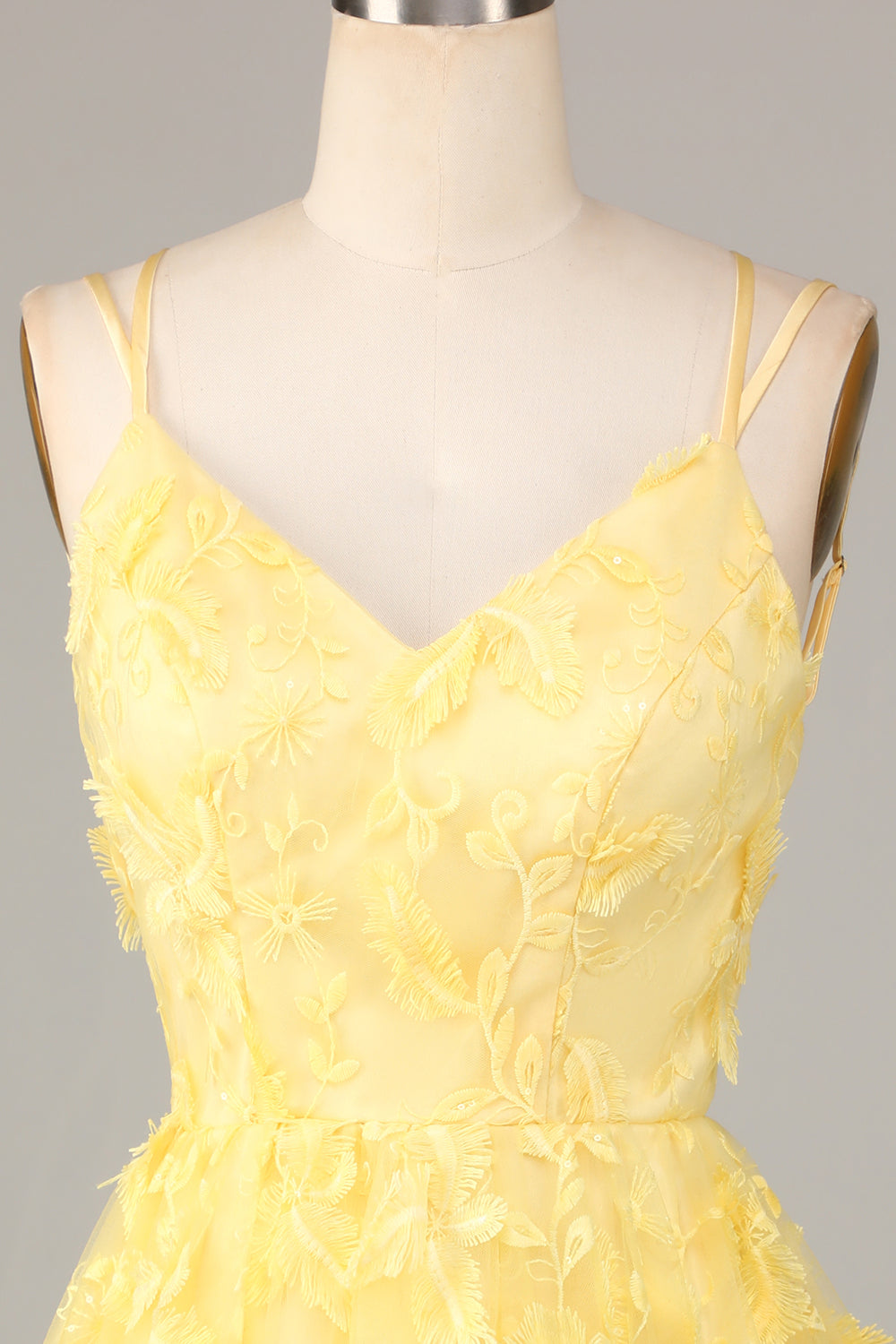 Yellow A-Line Spaghetti Straps Short Homecoming Dress with Appliques