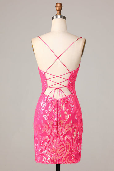 Chic Sparkly Hot Pink Sheath Spaghetti Straps Sequins Short Homecoming Dress