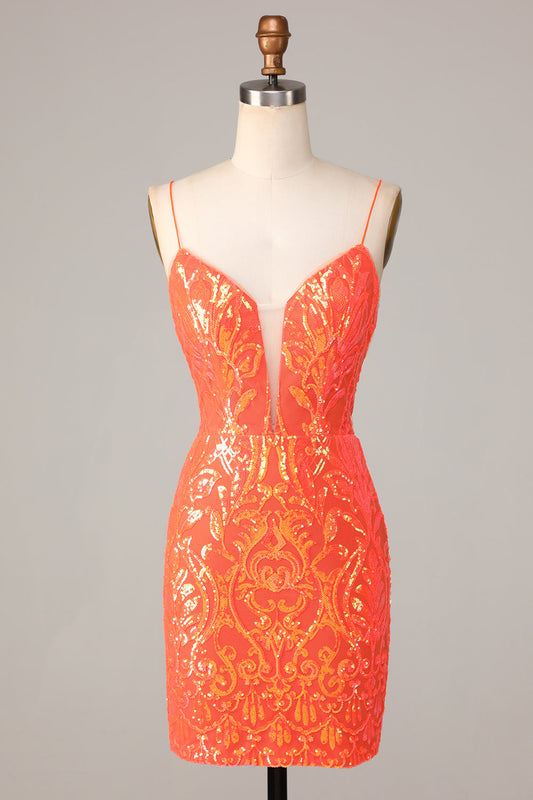 Sparkly Orange Bodycon Spaghetti Straps Sequins Short Homecoming Dress