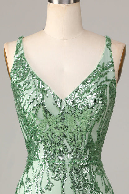 Sparkly Sheath V-Neck Green Sequins Backless Short Homecoming Dress