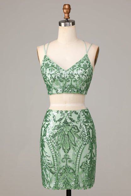 Ultimate Glow Green Two Piece Spaghetti Straps Sequins Short Homecoming Dress