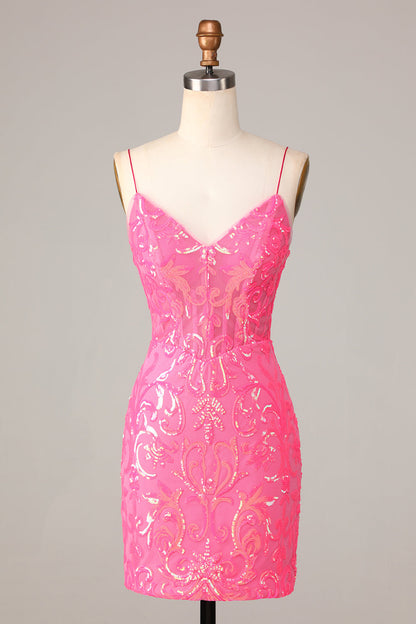 Amazing Sheath Fuchsia Spaghetti Straps Sequins Homecoming Dress