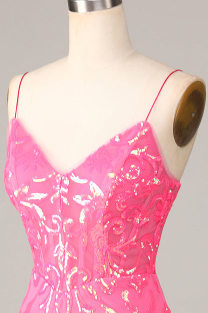 Amazing Sheath Fuchsia Spaghetti Straps Sequins Homecoming Dress