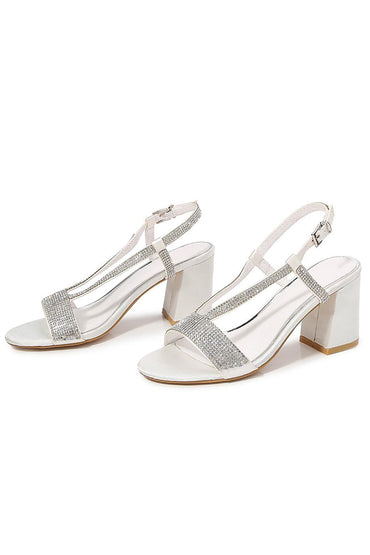 White Rhineshones Open Toe Block Heel Sandal