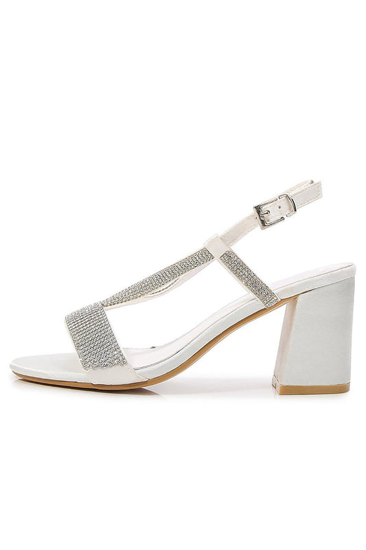 White Rhineshones Open Toe Block Heel Sandal