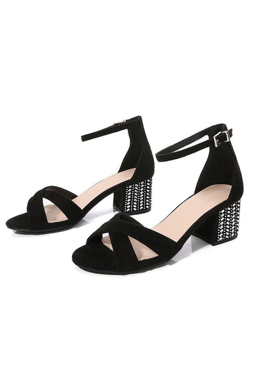 Black Cross Ankle Strappy Chunky Heel Sandal