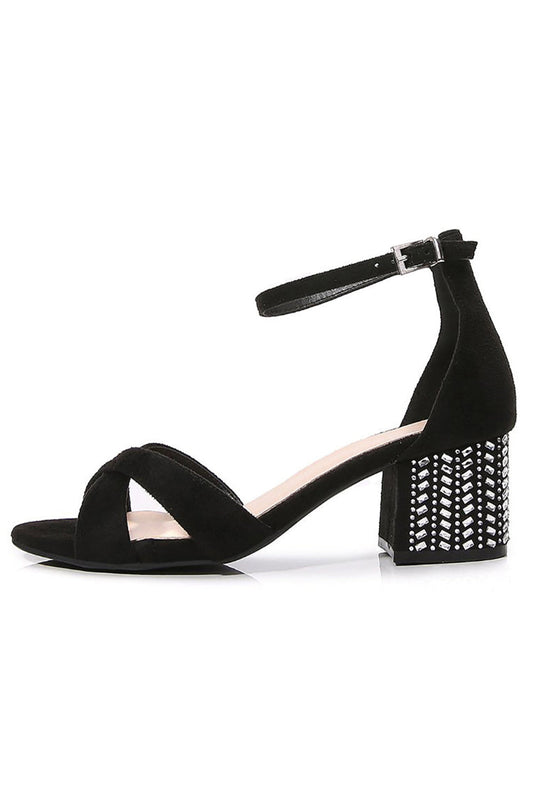 Black Cross Ankle Strappy Chunky Heel Sandal